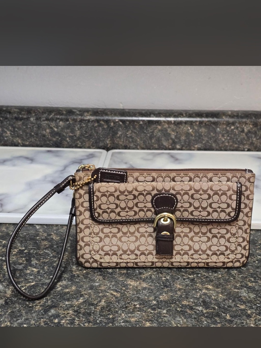 Coach Brown Beige Signature Canvas Wristlet with Dark Brown Trim
